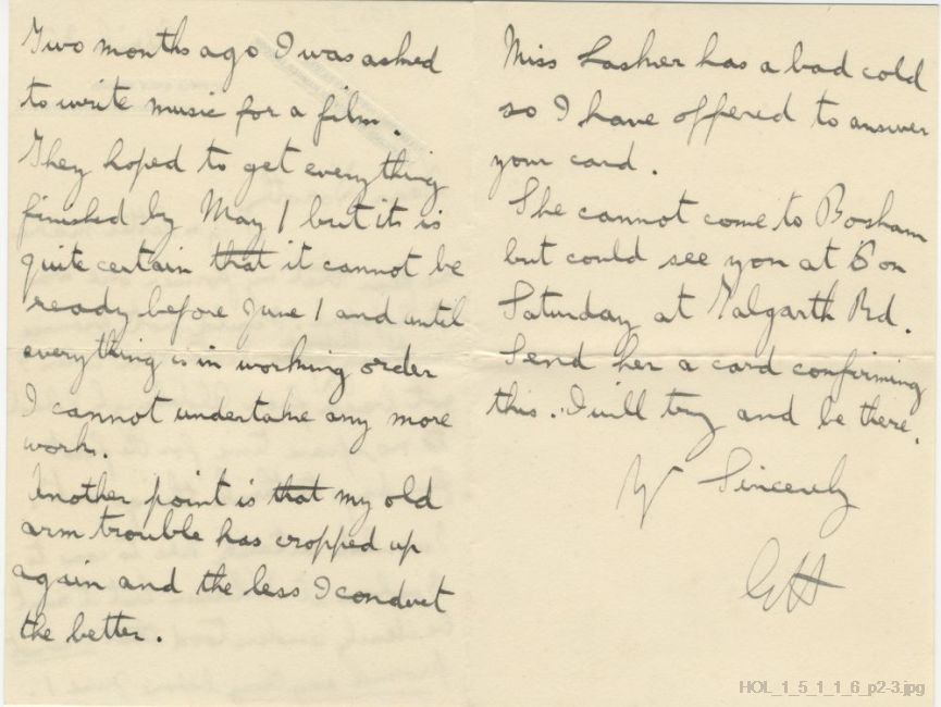 Letter from Gustav Holst to Dorothy Callard