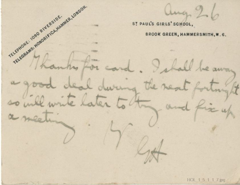 Letter from Gustav Holst to Dorothy Callard