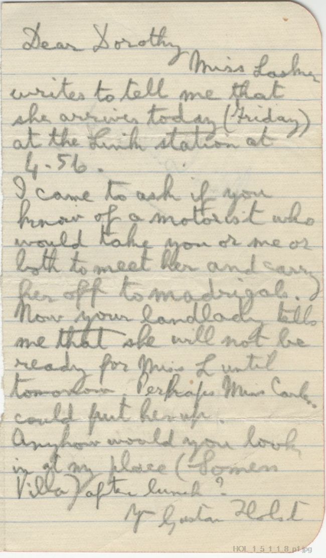 Letter from Gustav Holst to Dorothy Callard