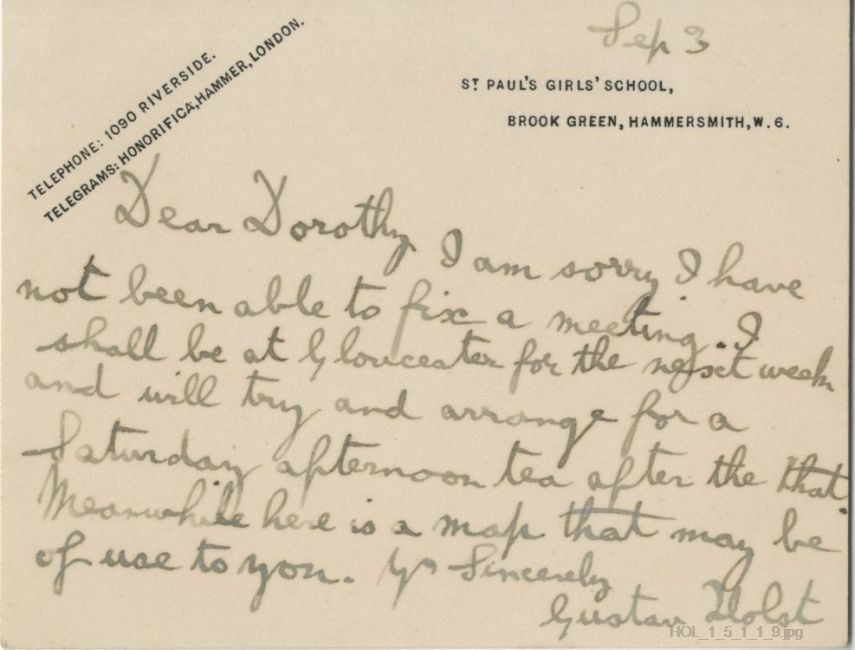Letter from Gustav Holst to Dorothy Callard