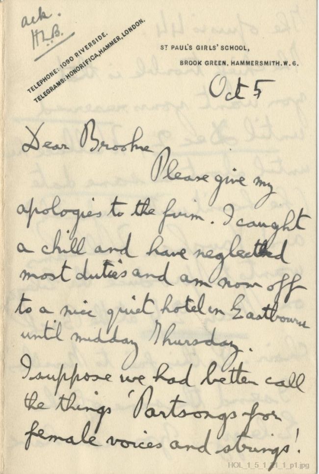 Letter from Gustav Holst to Harold Brooke (Novellos)