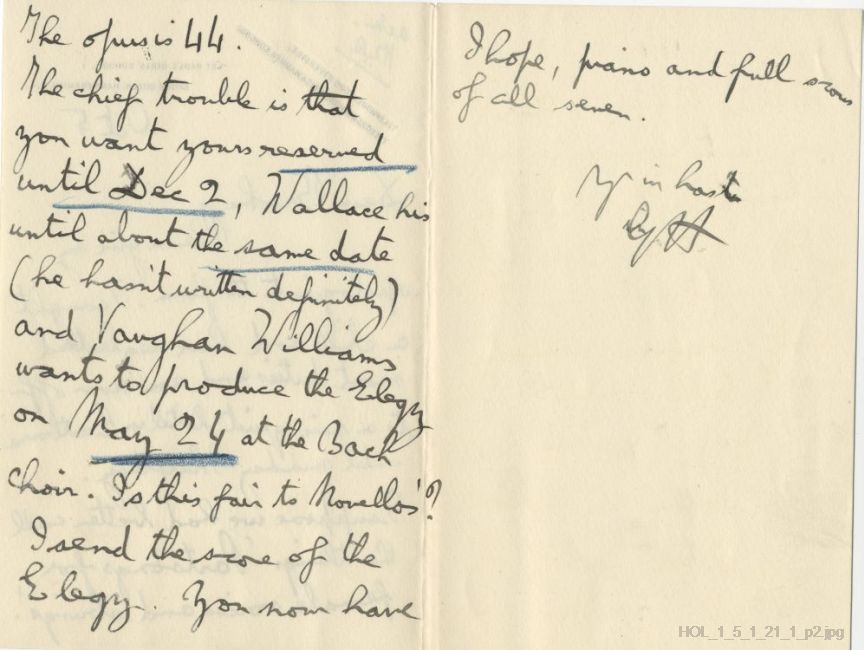 Letter from Gustav Holst to Harold Brooke (Novellos)