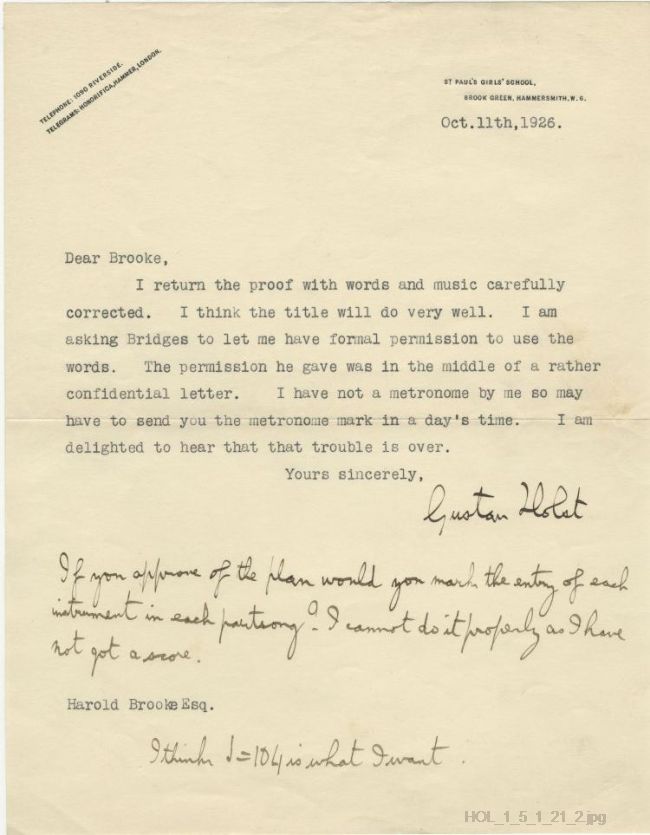 Letter from Gustav Holst to Harold Brooke (Novellos)