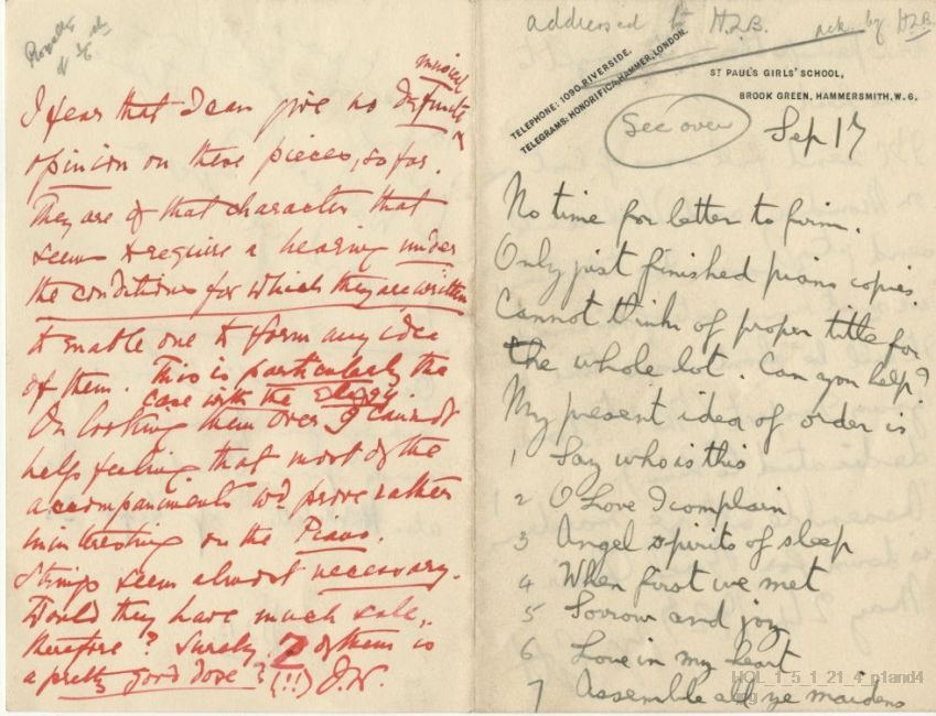 Letter from Gustav Holst to Harold Brooke (Novellos)