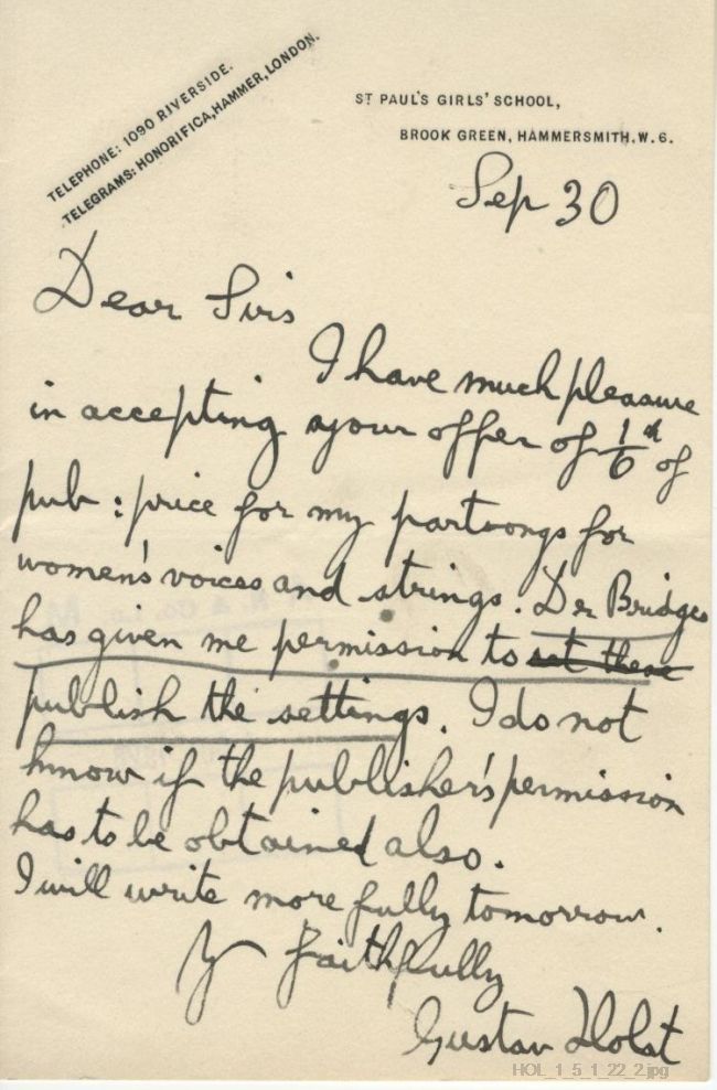 Letter from Gustav Holst to Curwens Ltd