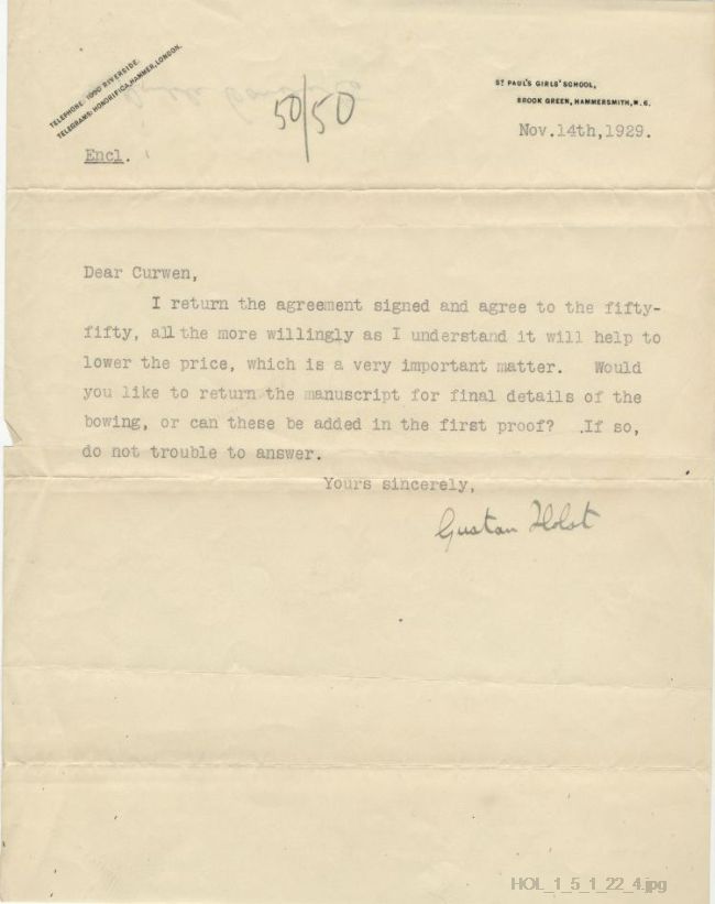 Letter from Gustav Holst to Curwens Ltd