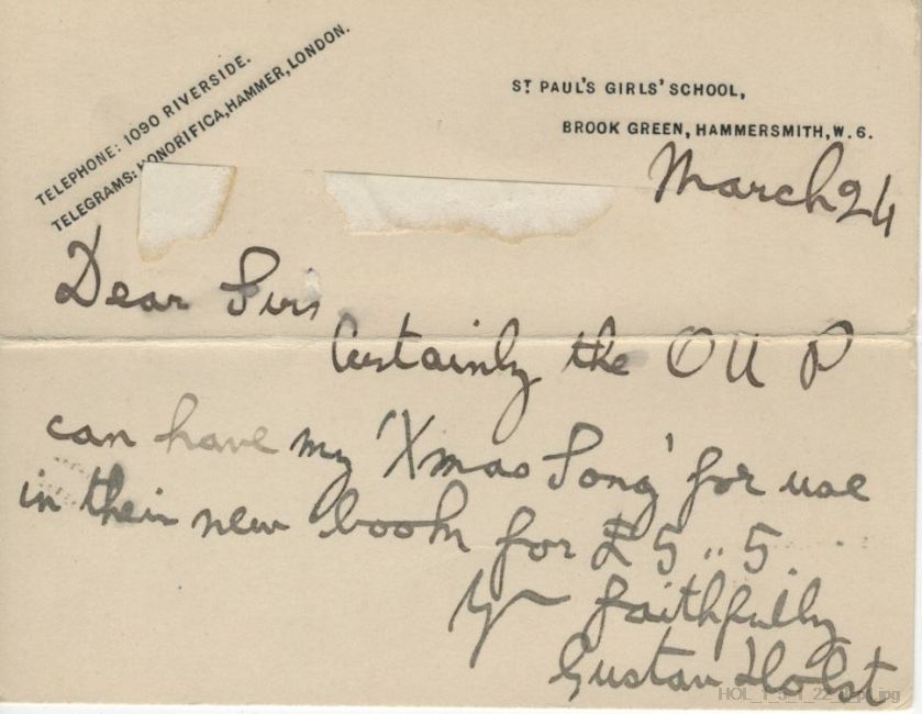 Letter from Gustav Holst to Curwens Ltd