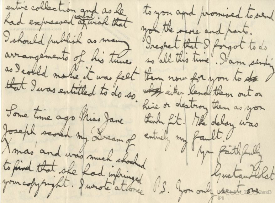 Letter from Gustav Holst to Curwens Ltd