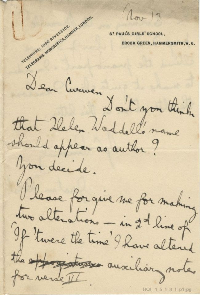 Letter from Gustav Holst to John Curwen