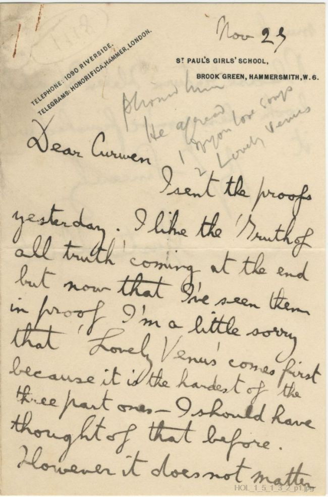 Letter from Gustav Holst to John Curwen