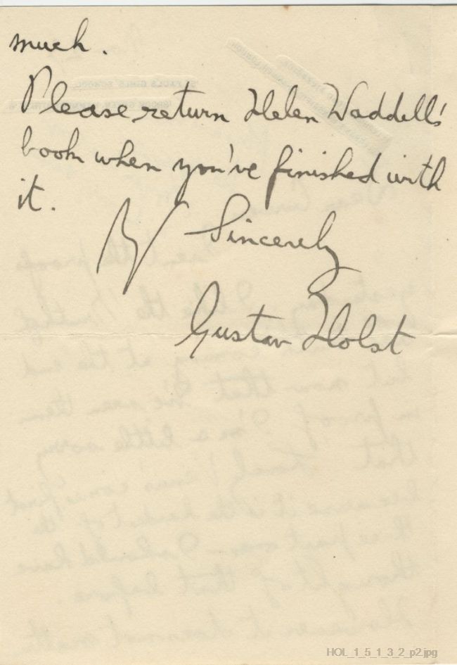 Letter from Gustav Holst to John Curwen