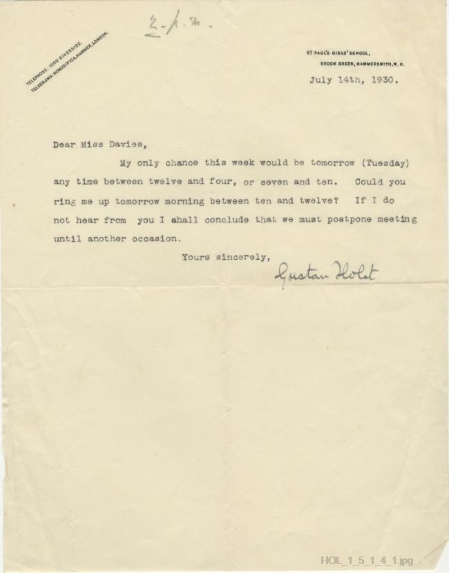 Letter from Gustav Holst to Gwendolen Davies