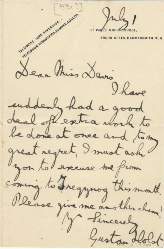 Letter from Gustav Holst to Gwendolen Davies