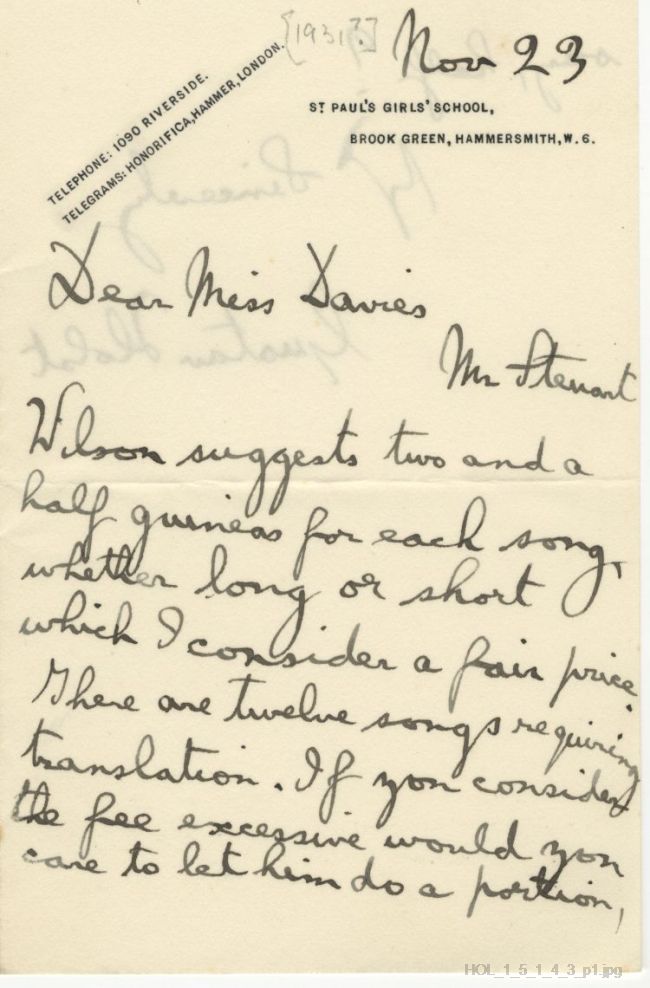 Letter from Gustav Holst to Gwendolen Davies