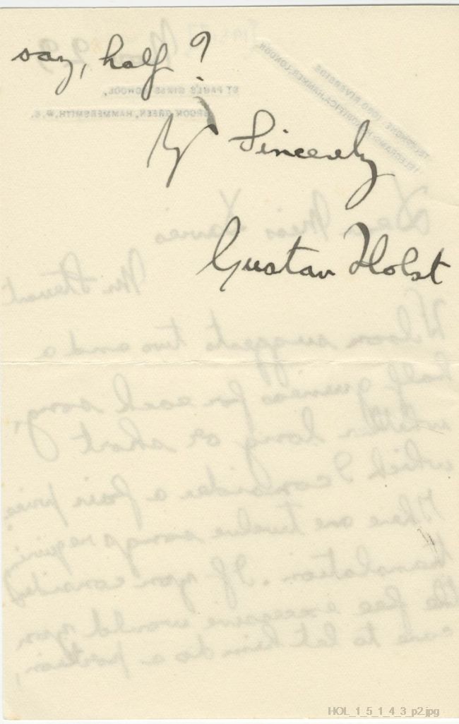 Letter from Gustav Holst to Gwendolen Davies