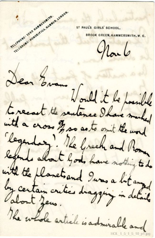 Letter from Gustav Holst to Edwin Evans