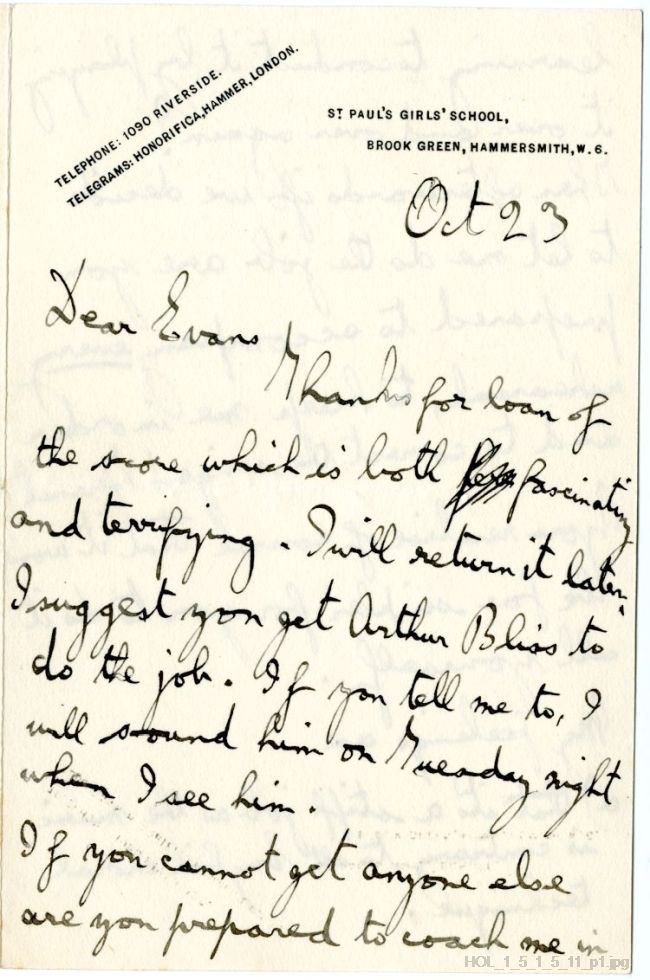 Letter from Gustav Holst to Edwin Evans