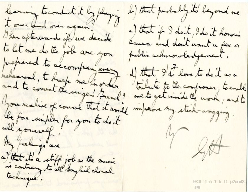 Letter from Gustav Holst to Edwin Evans