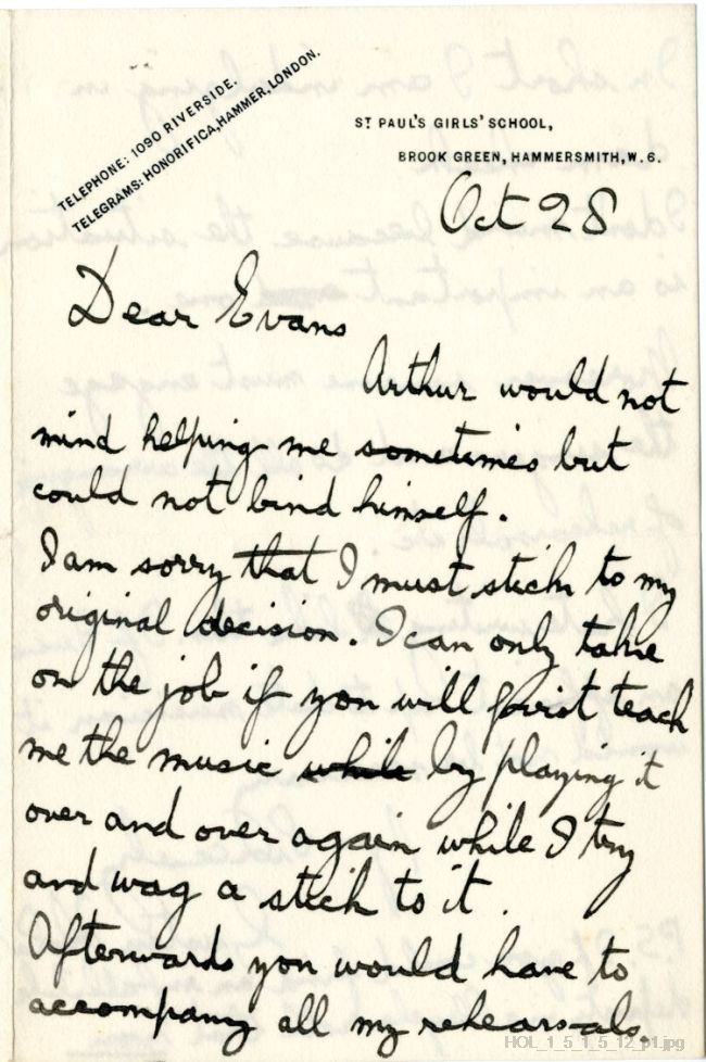 Letter from Gustav Holst to Edwin Evans