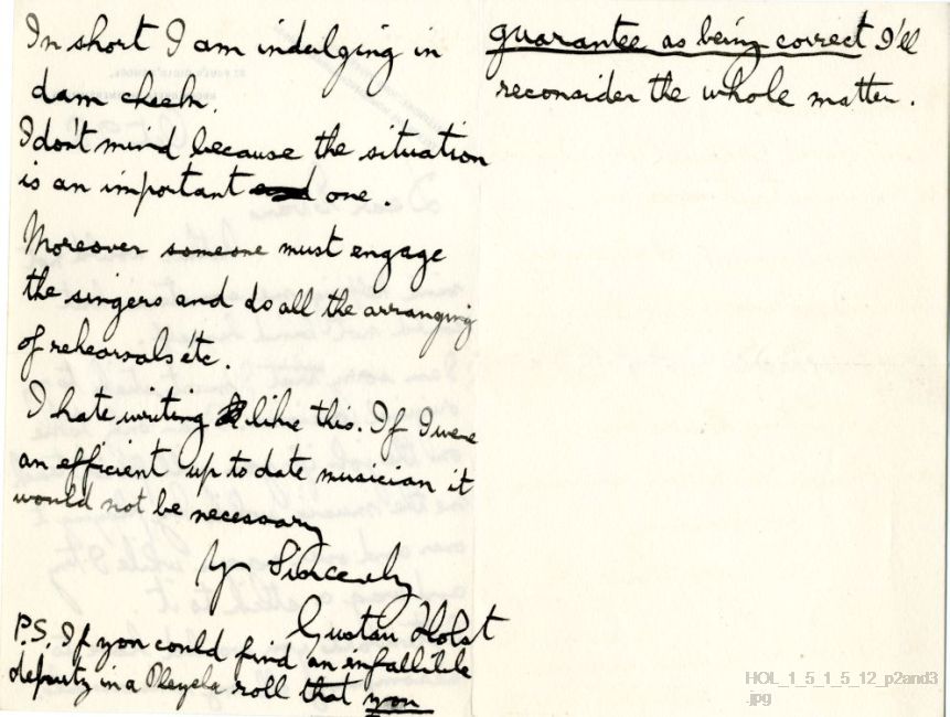 Letter from Gustav Holst to Edwin Evans