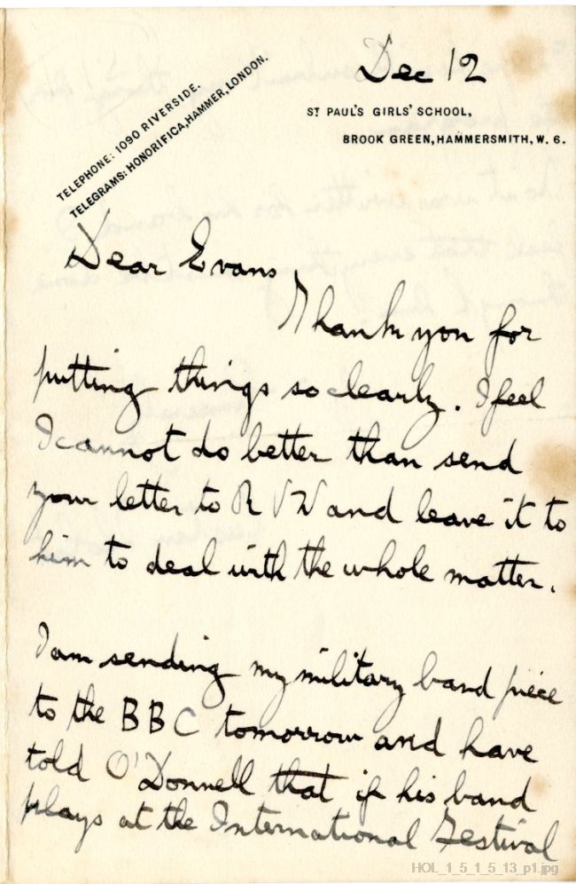 Letter from Gustav Holst to Edwin Evans