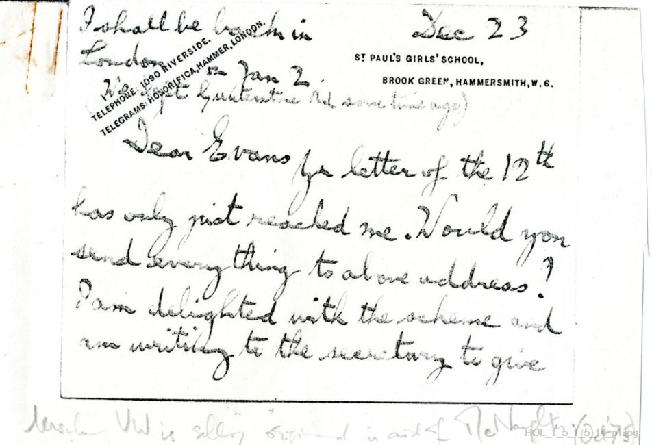 Copy of a letter from Gustav Holst to Edwin Evans