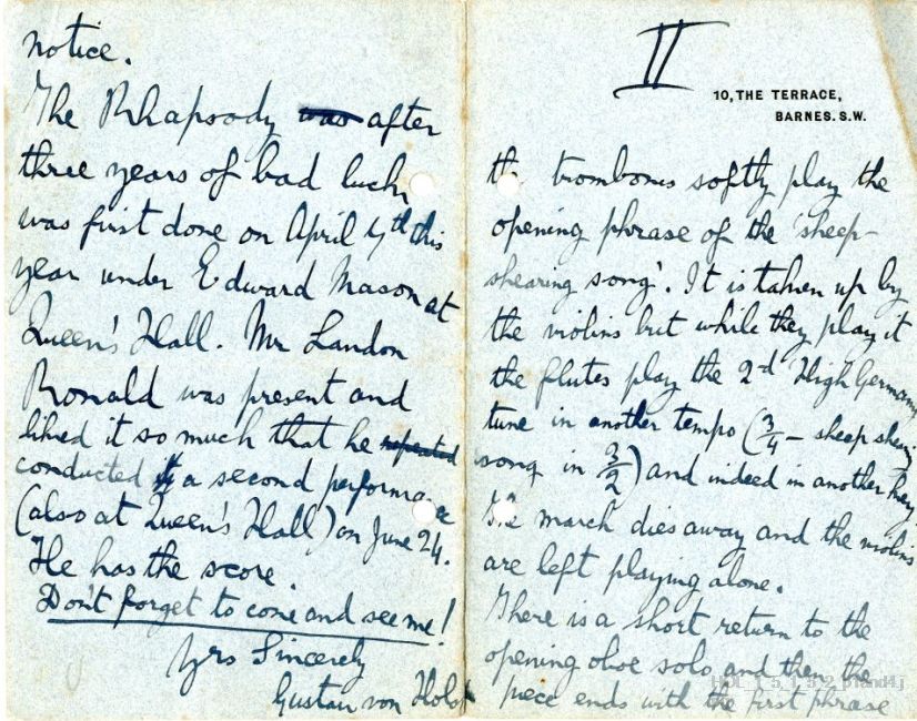 Incomplete letter from Gustav Holst to Edwin Evans