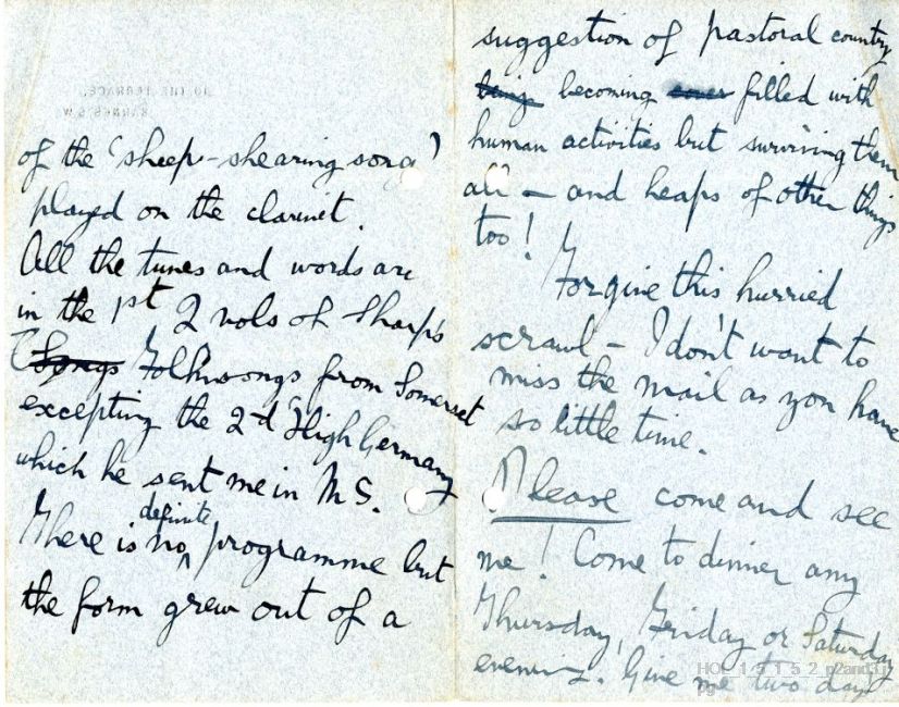 Incomplete letter from Gustav Holst to Edwin Evans