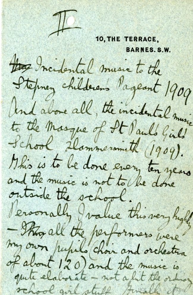 Letter from Gustav Holst to Edwin Evans