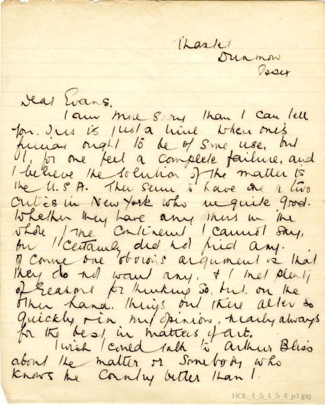 Non-autograph letter from Gustav Holst to Edwin Evans