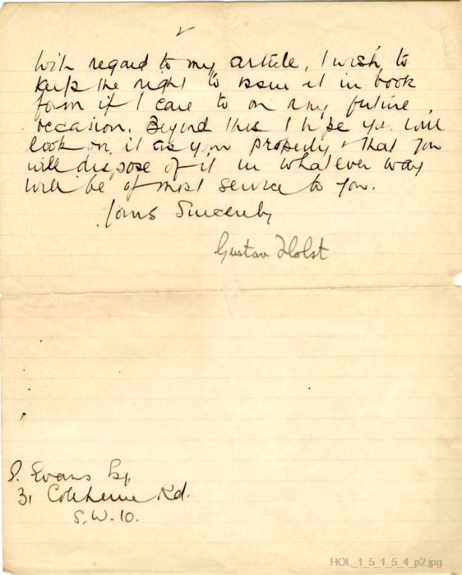 Non-autograph letter from Gustav Holst to Edwin Evans