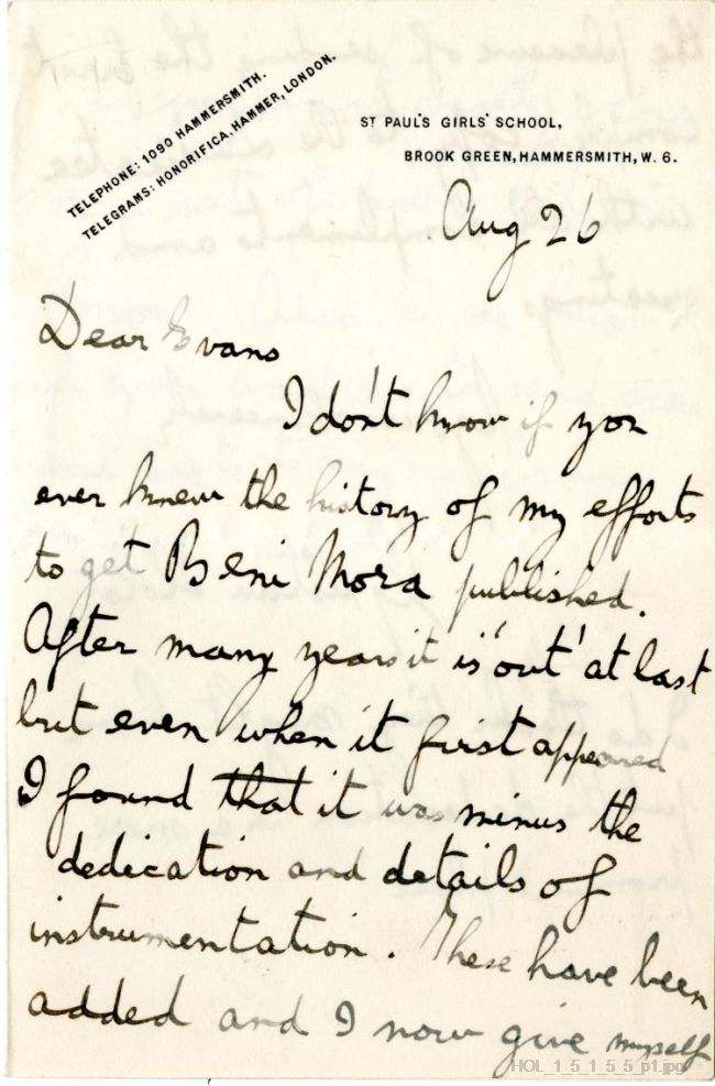 Letter from Gustav Holst to Edwin Evans