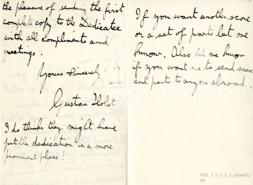 Letter from Gustav Holst to Edwin Evans