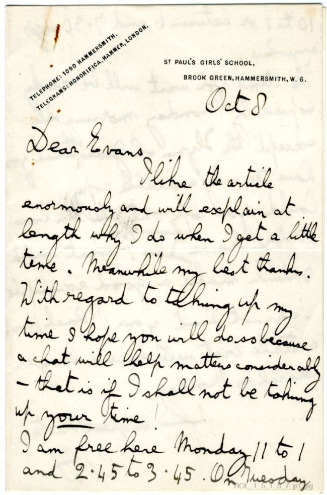 Letter from Gustav Holst to Edwin Evans