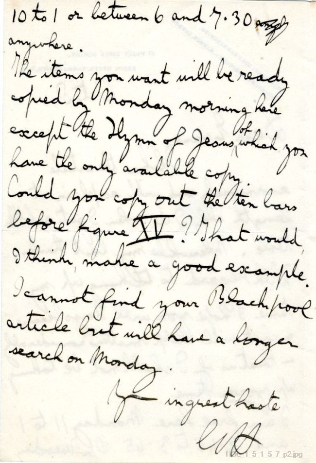 Letter from Gustav Holst to Edwin Evans