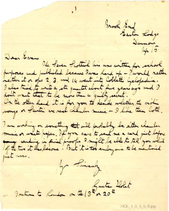 Letter from Gustav Holst to Edwin Evans