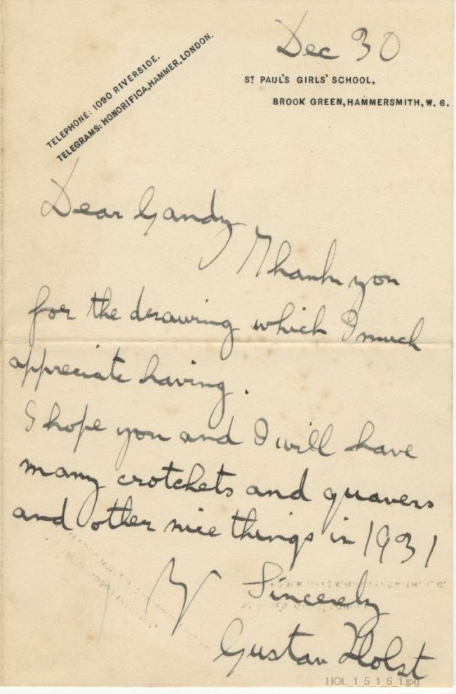 Letter from Gustav Holst to Walter Gandy