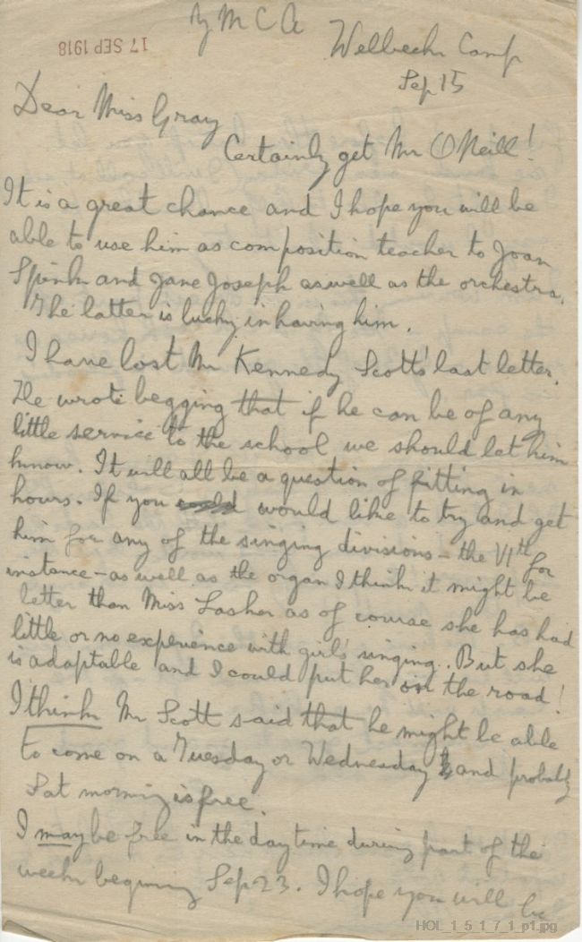 Letter from Gustav Holst to Frances R Gray