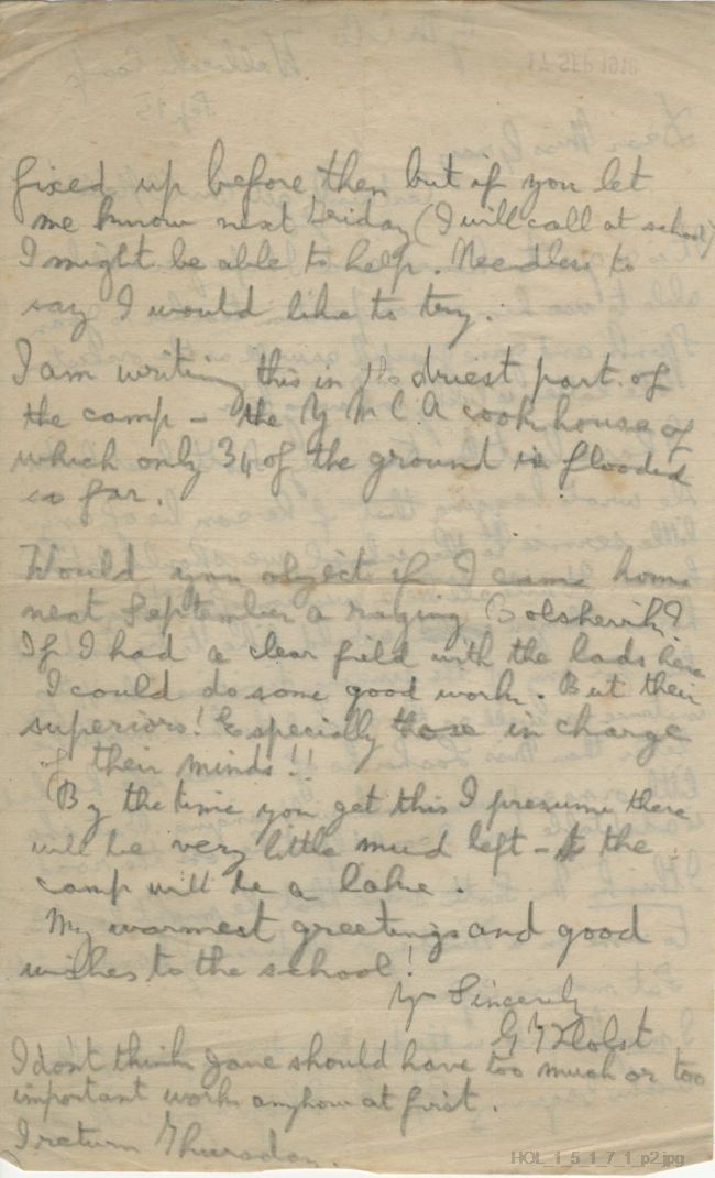 Letter from Gustav Holst to Frances R Gray