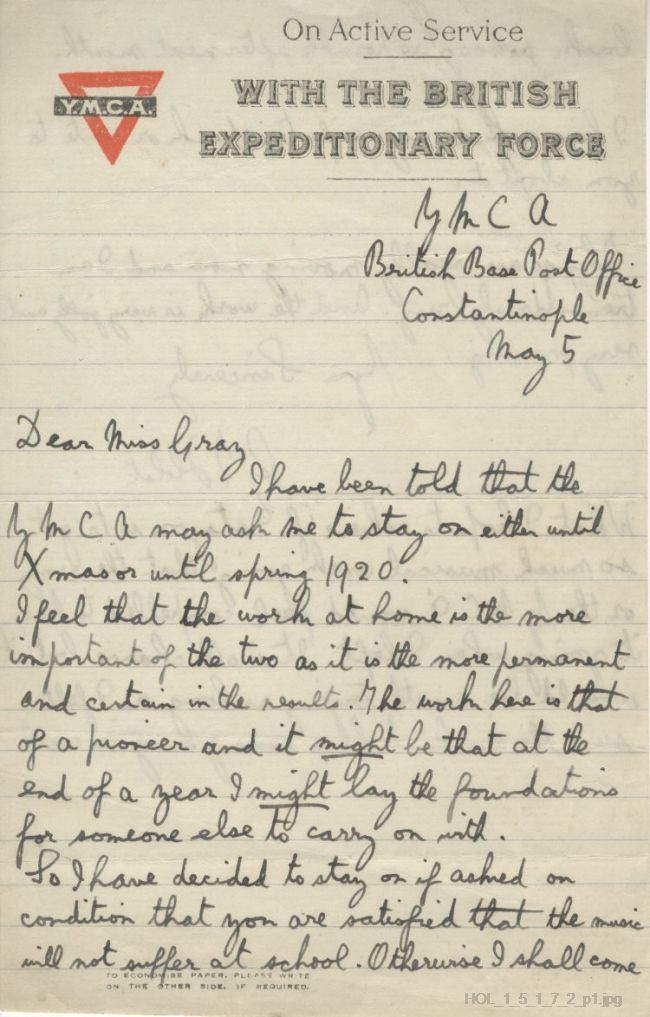 Letter from Gustav Holst to Frances R Gray
