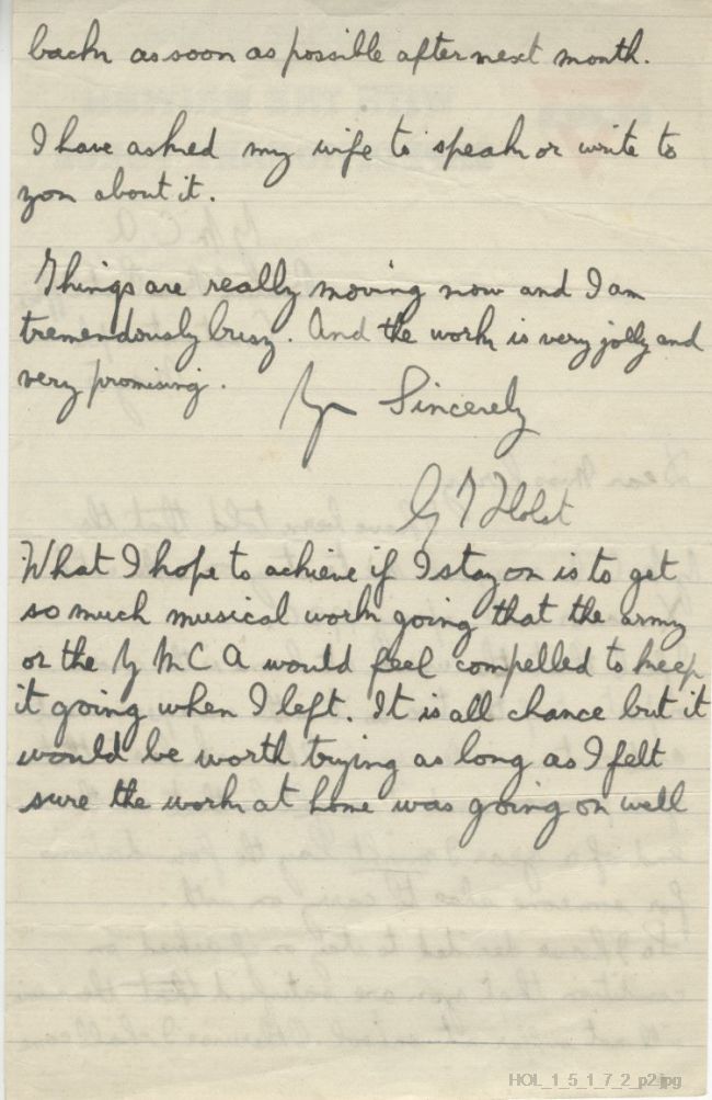 Letter from Gustav Holst to Frances R Gray