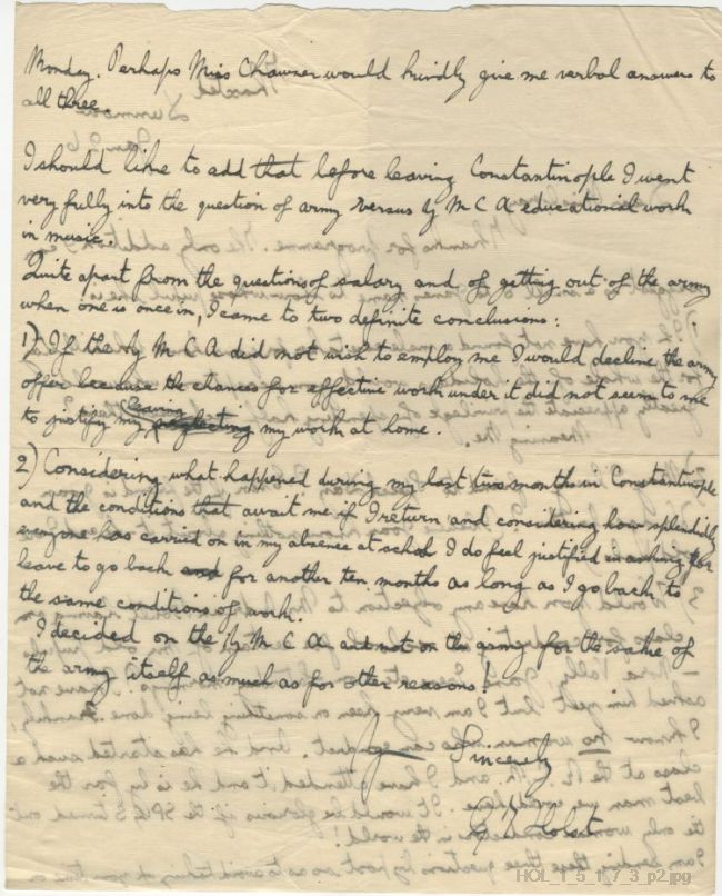 Letter from Gustav Holst to Frances R Gray