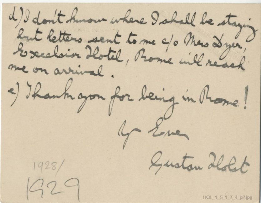 Letter from Gustav Holst to Frances R Gray