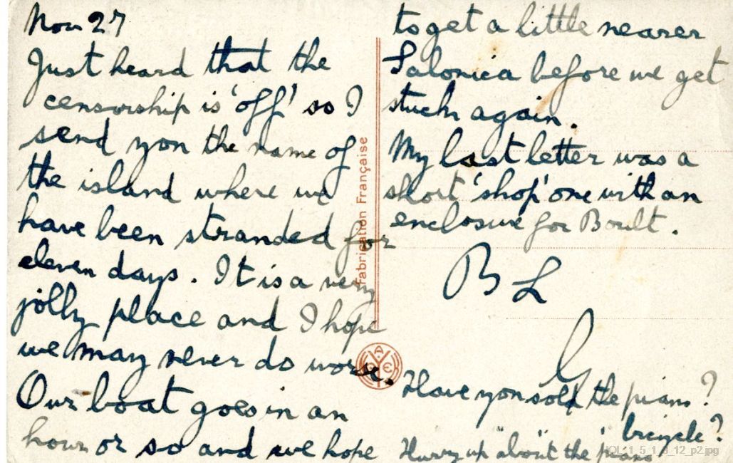 Postcard from Gustav Holst to Isobel Holst