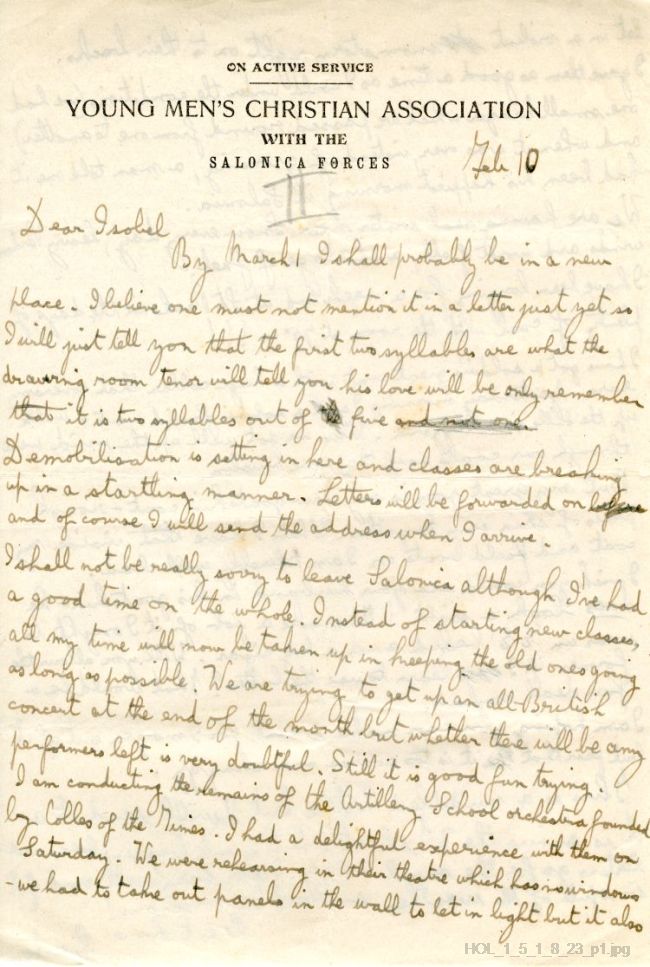 Letter from Gustav Holst to Isobel Holst