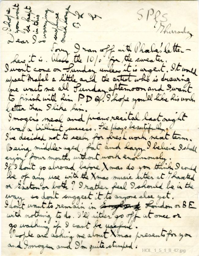 Letter from Gustav Holst to Isobel Holst