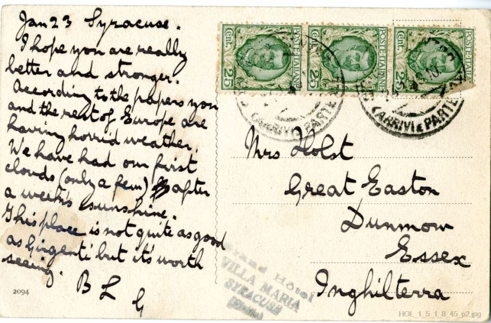 Postcard from Gustav Holst to Isobel Holst