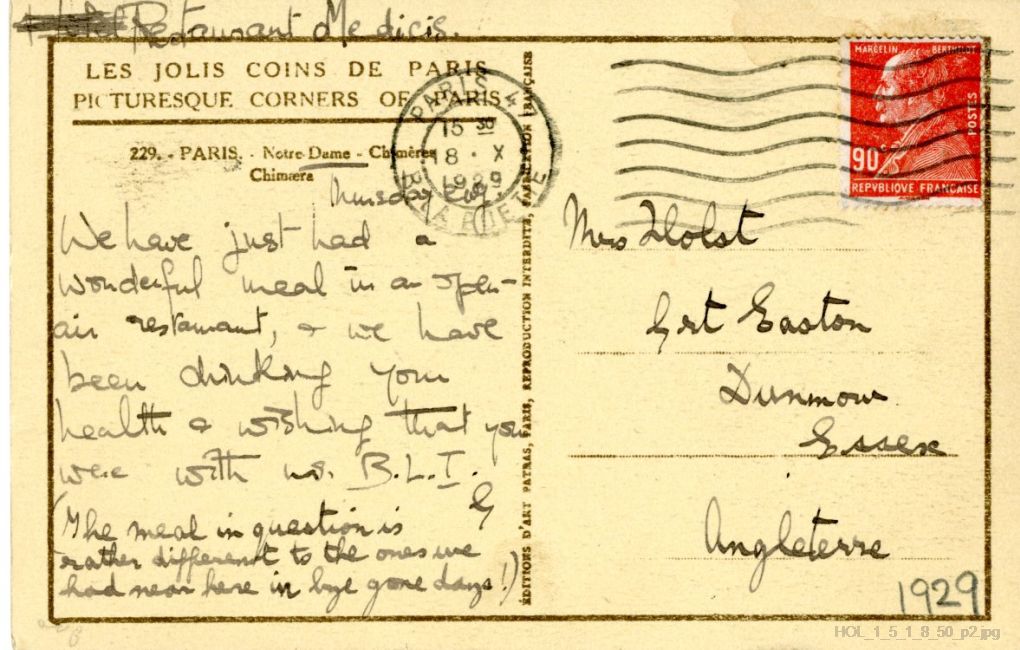 Postcard from Gustav Holst and Imogen Holst to Isobel Holst