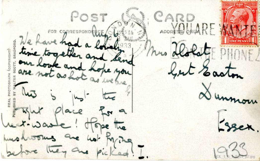 Postcard from Gustav Holst and Imogen Holst to Isobel Holst
