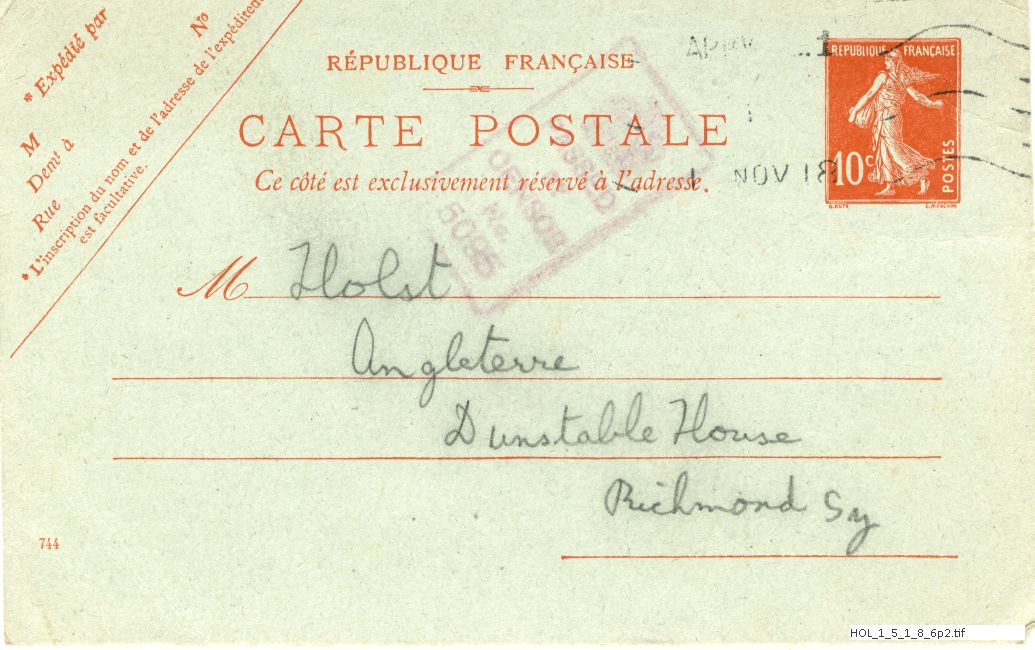 Postcard from Gustav Holst to Isobel Holst